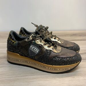 Cetti Lux Sportive European Leather Sneakers, Gold Black Womens Size 38 US 6.5